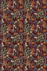 A floral pattern with burgundy, green, and yellow tones on a dark background, suitable for interior decoration as peel and stick removable wallpaper.