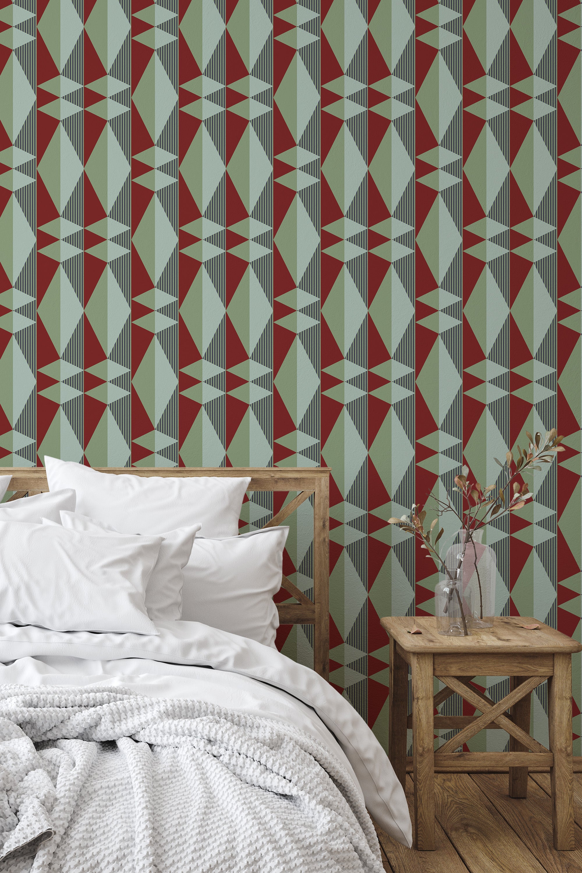 Self-adhesive Burgundy modern print wallpaper with geometric patterns in shades of red, green, and beige in a bedroom setting.