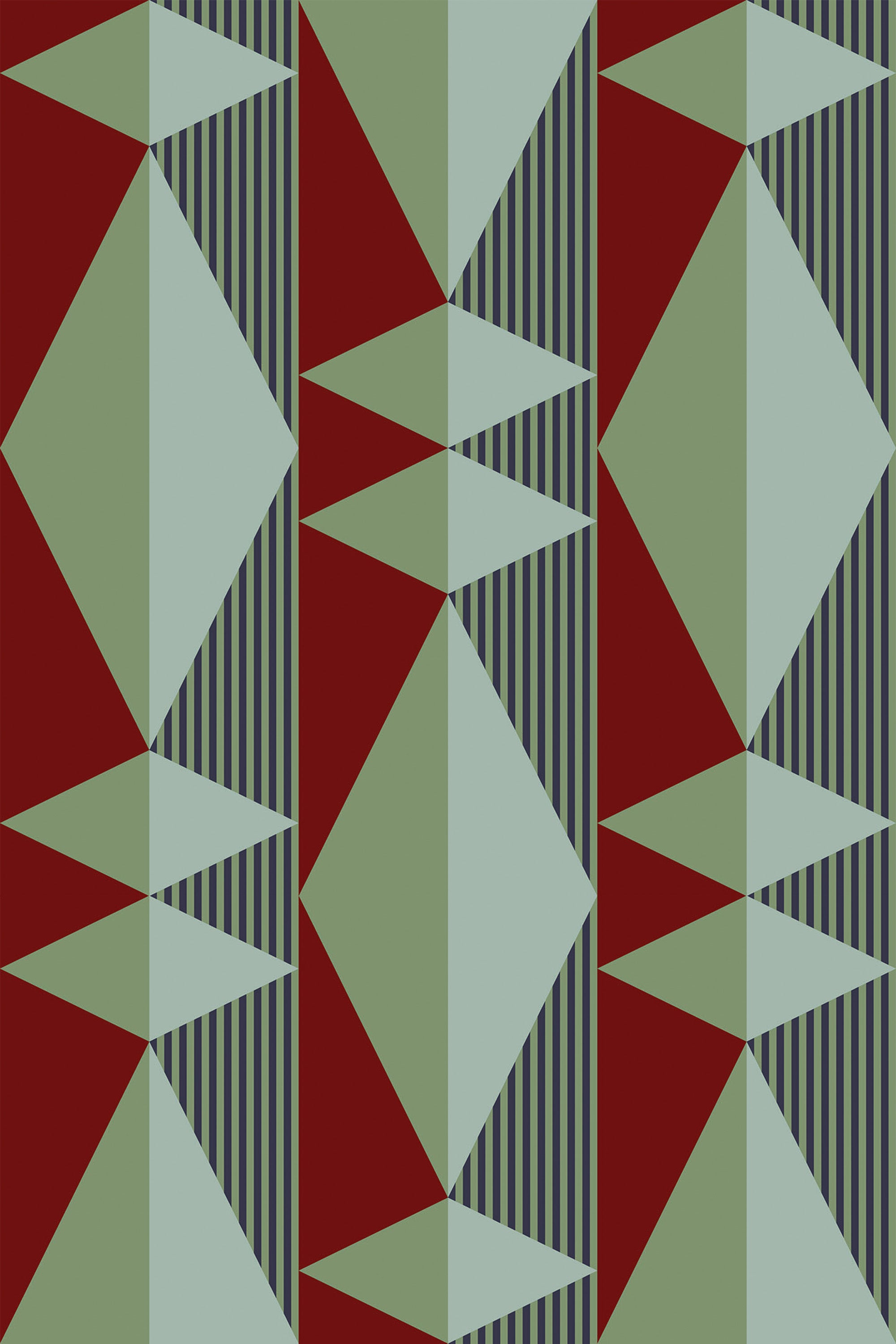 Geometric burgundy, green, and blue shapes on a peel and stick removable wallpaper.