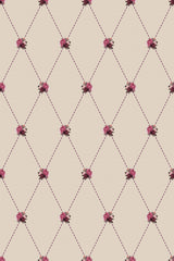 A vintage-style peel and stick removable wallpaper with a repeating pattern of small pink roses and delicate green leaves set against a light beige background, arranged in a diamond lattice formation.