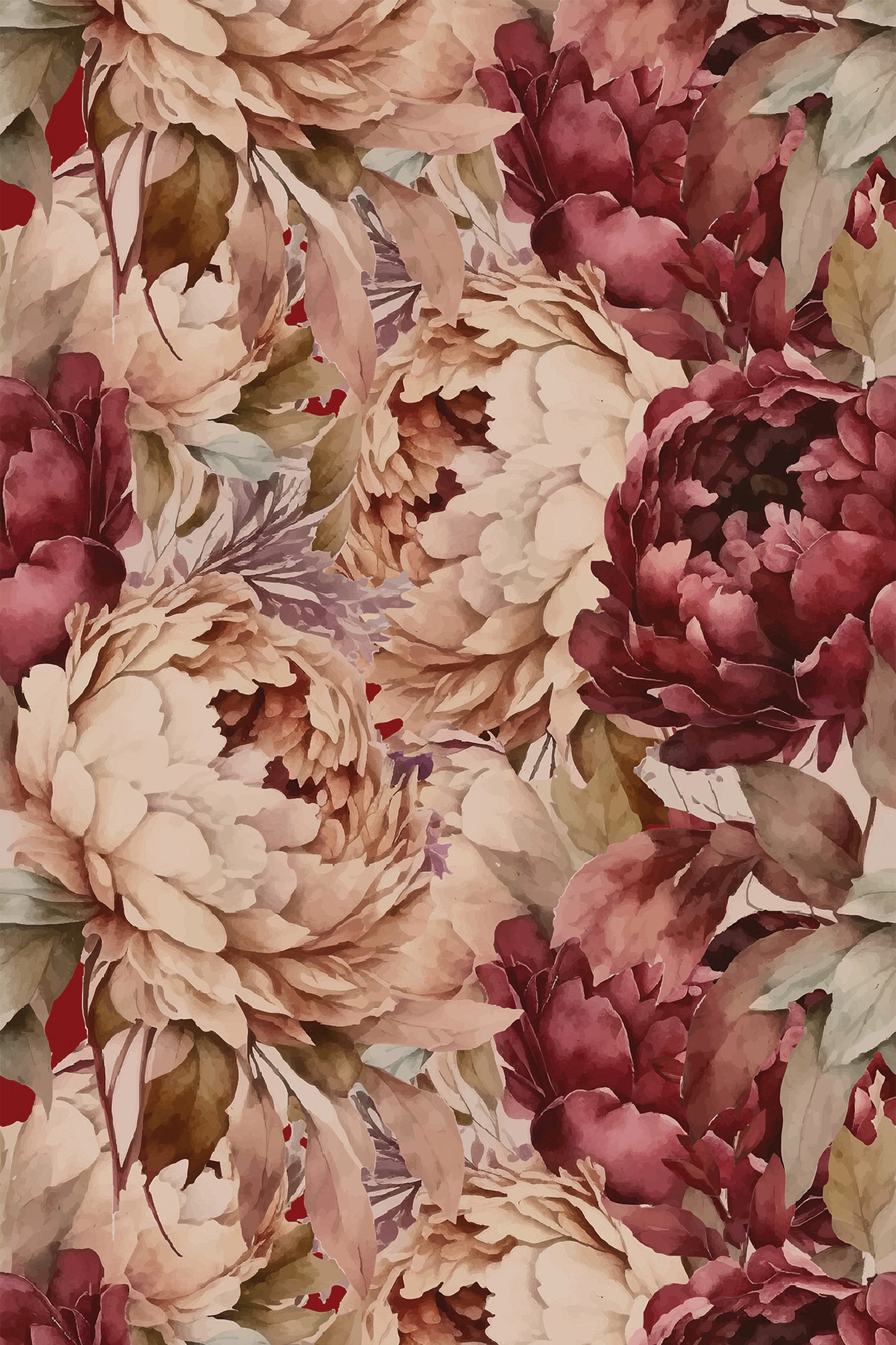 A seamless pattern of rich burgundy and beige floral elements with lush foliage on a peel and stick removable wallpaper.