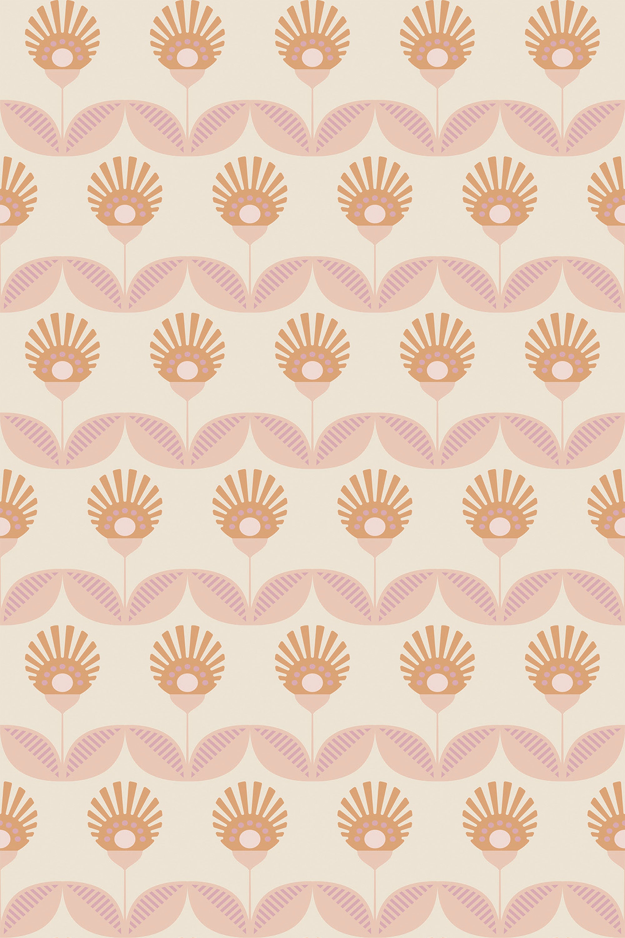 A pattern of stylized flowers in a repeating, geometric arrangement with retro inspiration on a peel and stick removable wallpaper.