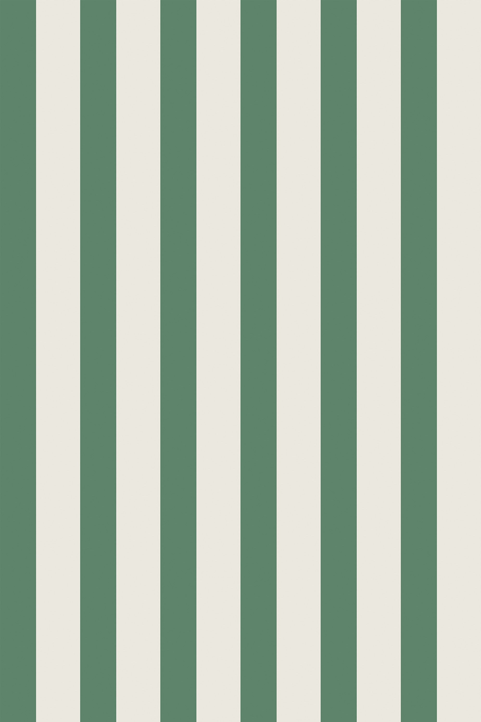 Vertical green and white stripes pattern on a peel and stick removable wallpaper.