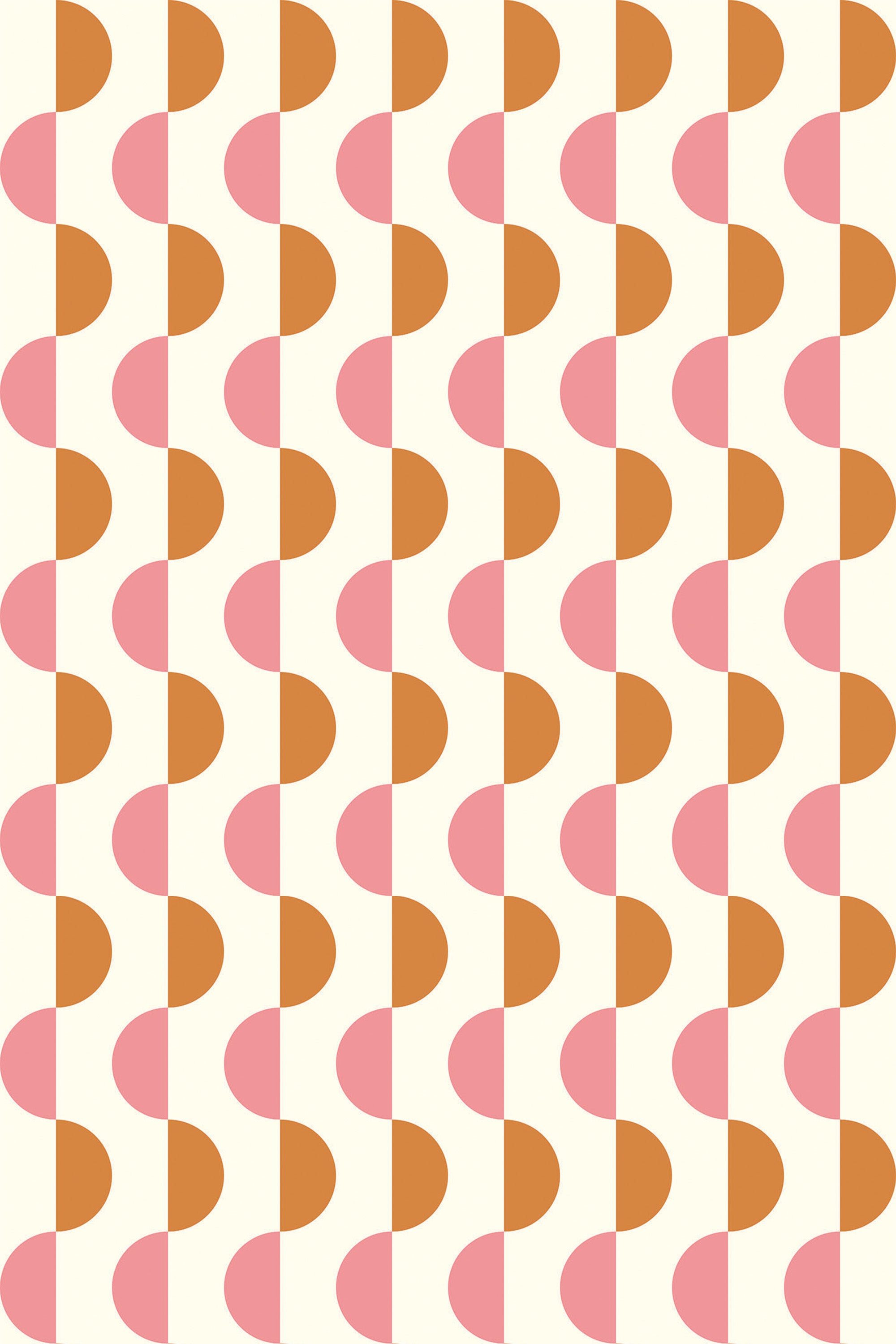 Geometric pattern with alternating rows of peach and brown half circles on a cream background, Mid-century modern inspired peel and stick removable wallpaper.