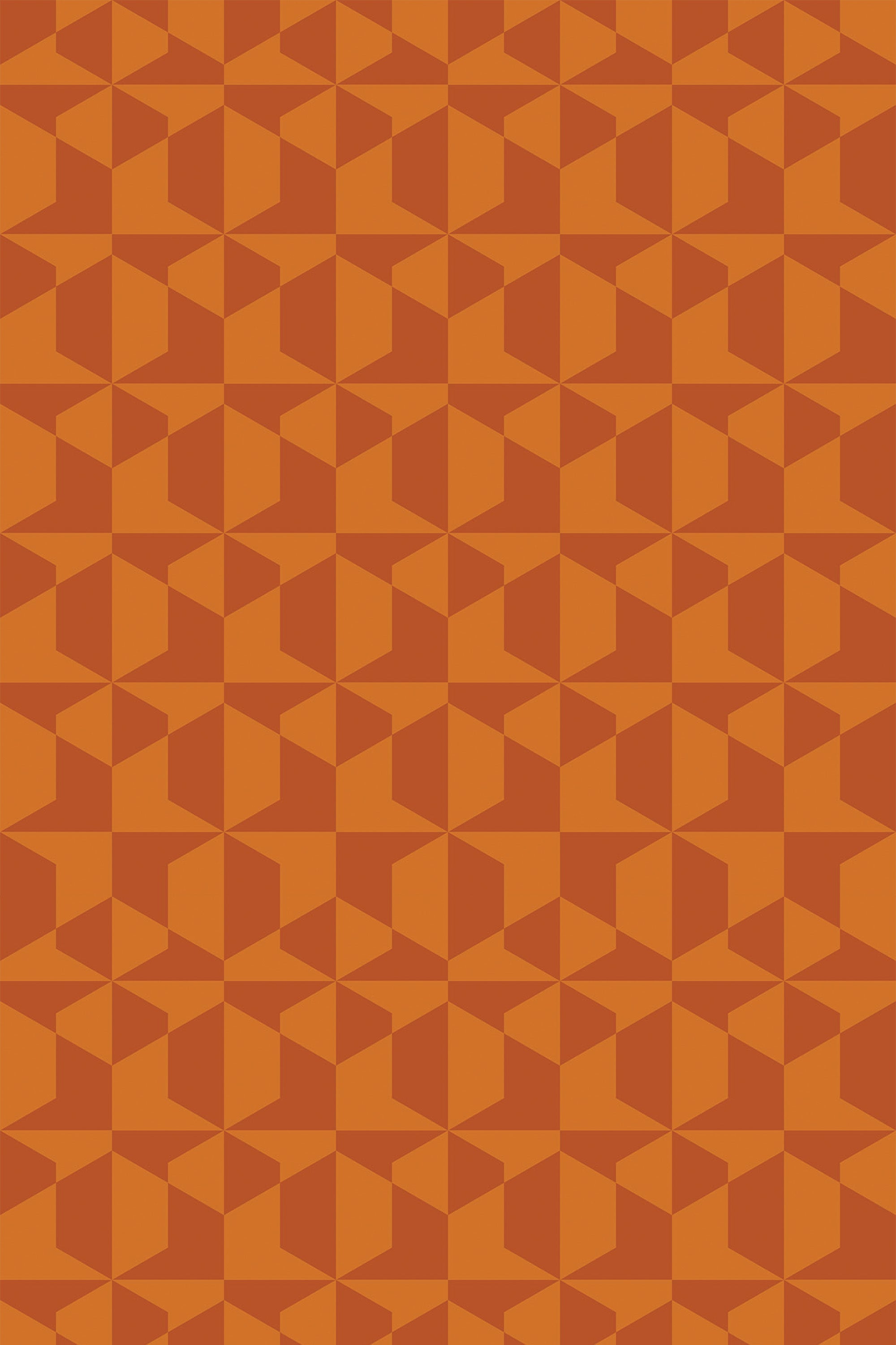 Burnt orange geometric patterns with varying shades forming a modern tessellated design on peel and stick removable wallpaper.