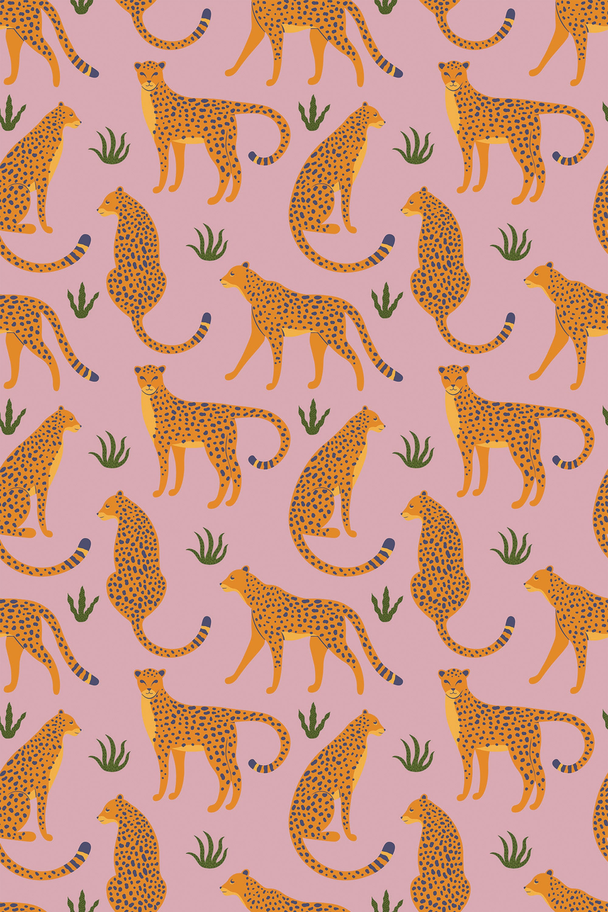 Pattern of orange cheetahs and green plants on a pink background, peel and stick removable wallpaper.