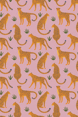 Pattern of orange cheetahs and green plants on a pink background, peel and stick removable wallpaper.