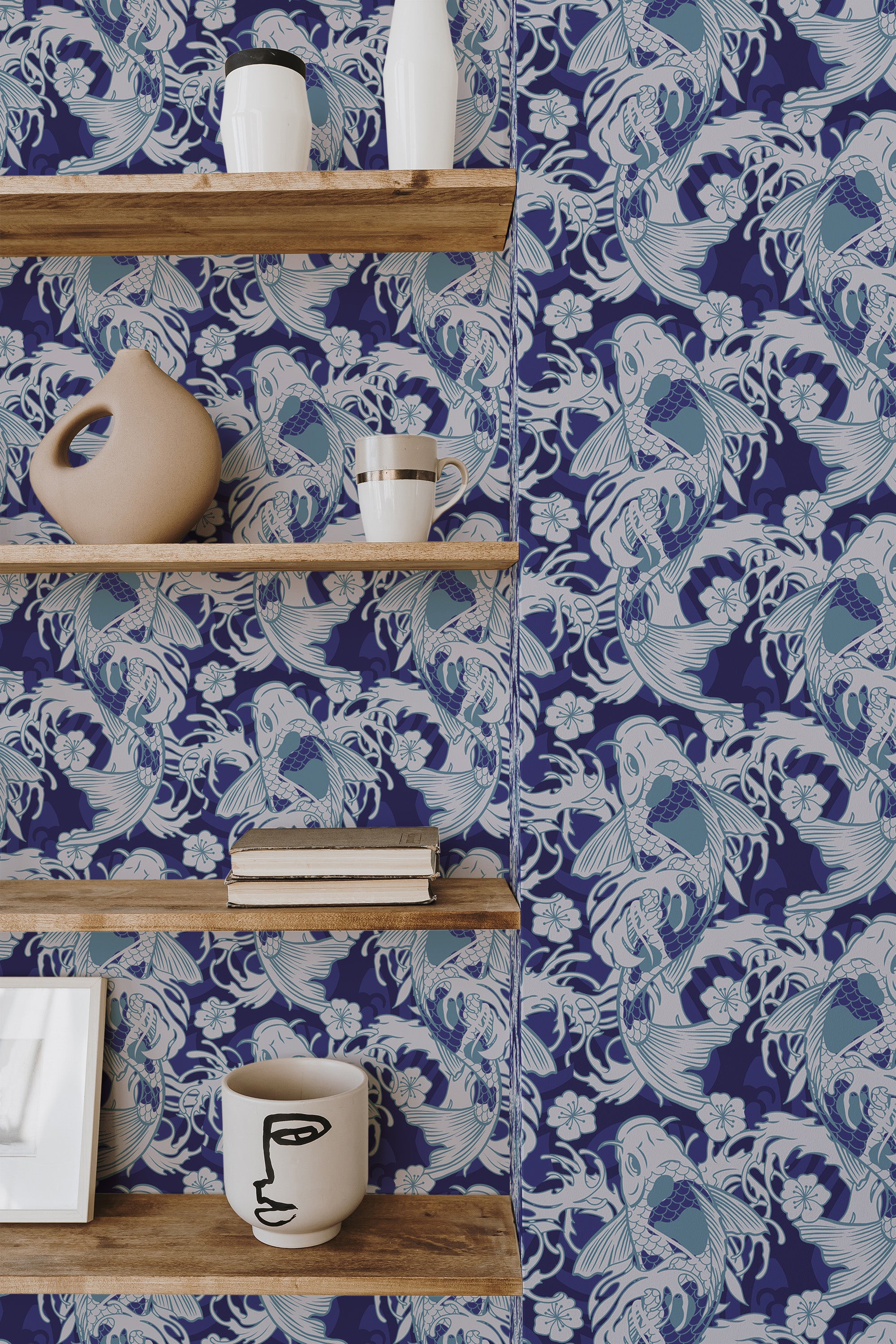 Self-adhesive nautical fish wallpaper with intricate blue and white pattern, including stylized fish and waves, behind wooden shelves with decorative items.