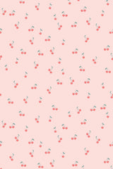 Pink peel and stick removable wallpaper with a repeating pattern of cute red cherries and small green leaves on a light pink background.