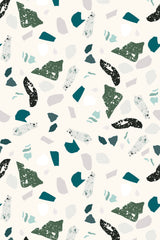 A patterned green terrazzo style with variously shaped specks of teal, black, grey, and blue on a cream background, forming a seamless design on peel and stick removable wallpaper.