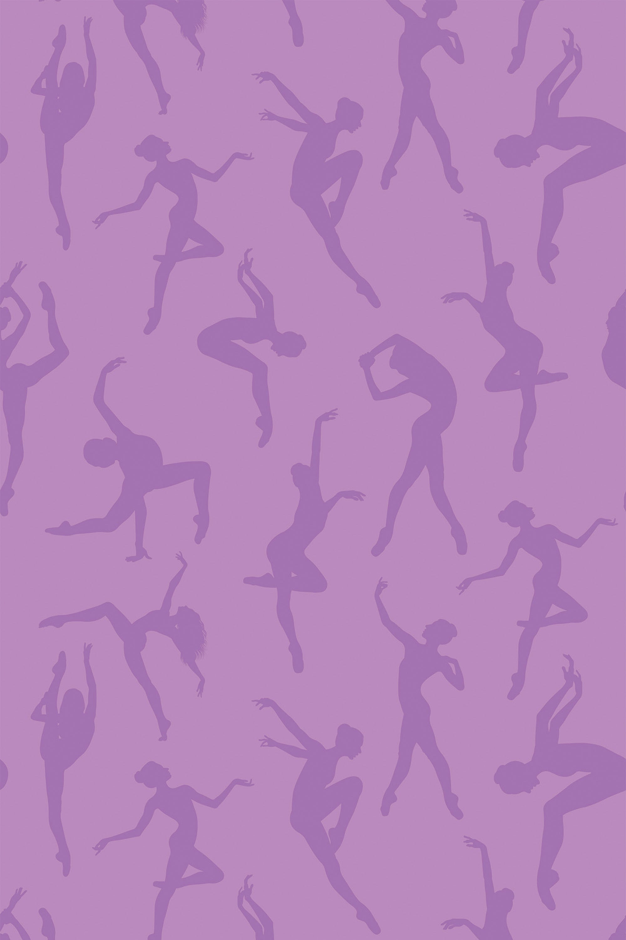 A pattern of silhouetted ballerinas in various dance poses on a purple background, peel and stick removable wallpaper.