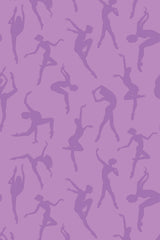 A pattern of silhouetted ballerinas in various dance poses on a purple background, peel and stick removable wallpaper.