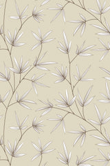 Neutral-colored wallpaper with a pattern of simple tree branches and leaves on a light background, peel and stick removable wallpaper.