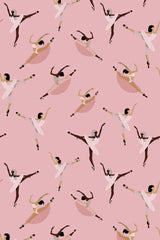 A pattern of ballerinas in different poses on a pink background, peel and stick removable wallpaper.