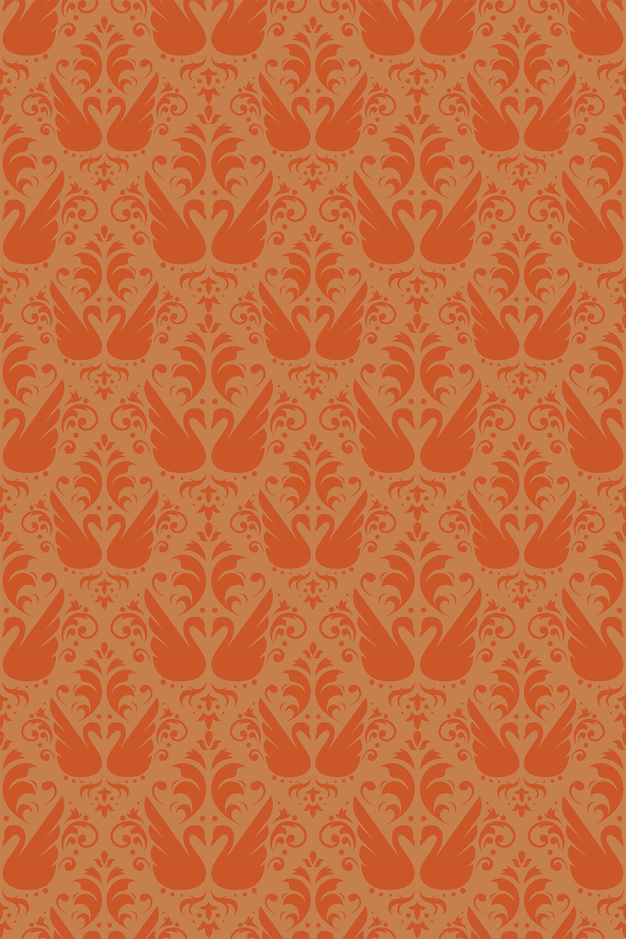 Bright orange wallpaper with an elegant swan pattern and intricate details, peel and stick removable wallpaper.