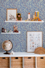 Self-adhesive Elegant branch wallpaper with blue and mustard botanical patterns, accompanying children���s toys and educational posters on shelves.