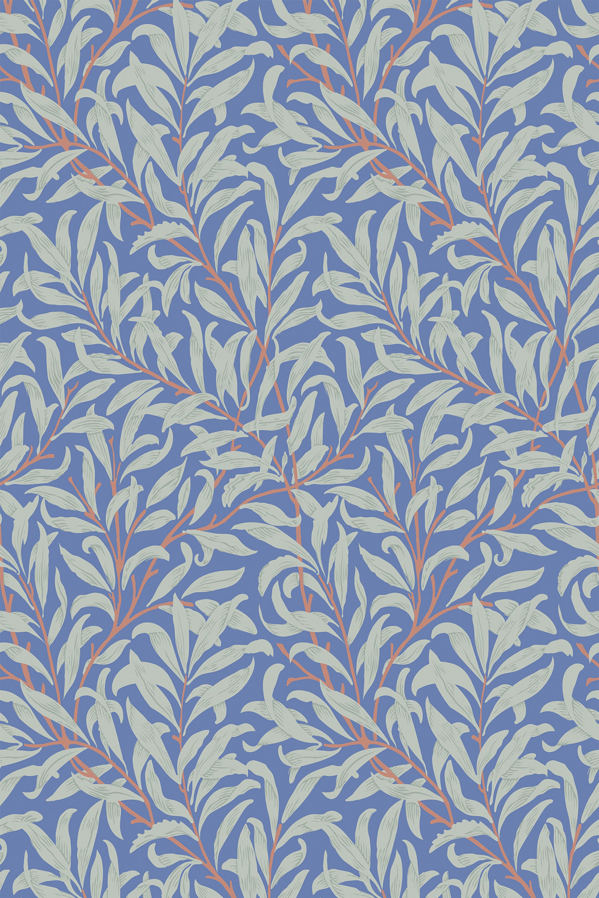 Blue background with white and orange elegant branch pattern, peel and stick removable wallpaper.