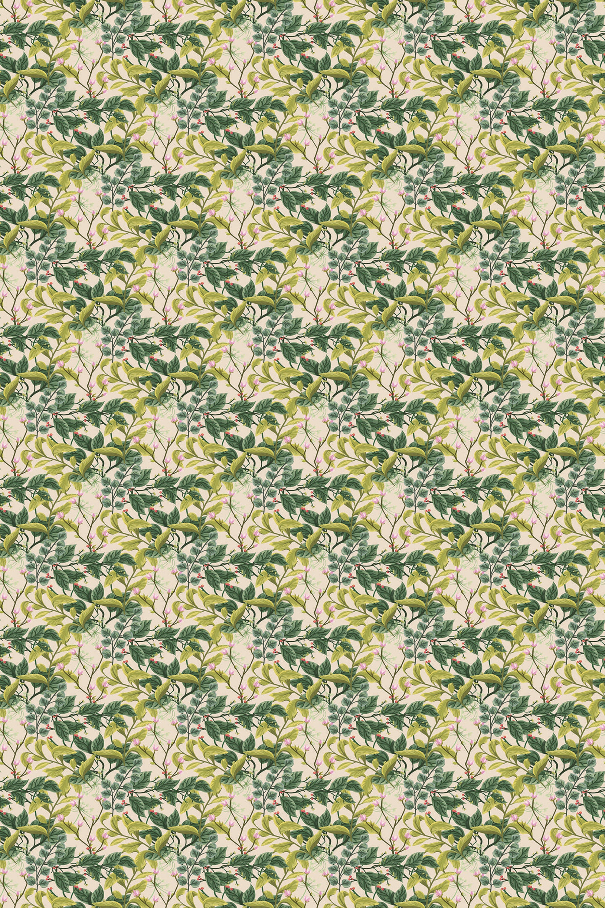 Green and yellow intertwining branches on a light background, forming a seamless, decorative pattern for a peel and stick removable wallpaper.