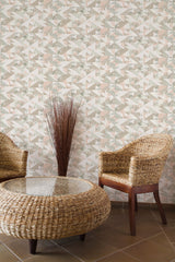 Self-adhesive wallpaper with geometric animal print, including stylized renderings of deer heads arranged in a repetitive triangular pattern in muted tones.