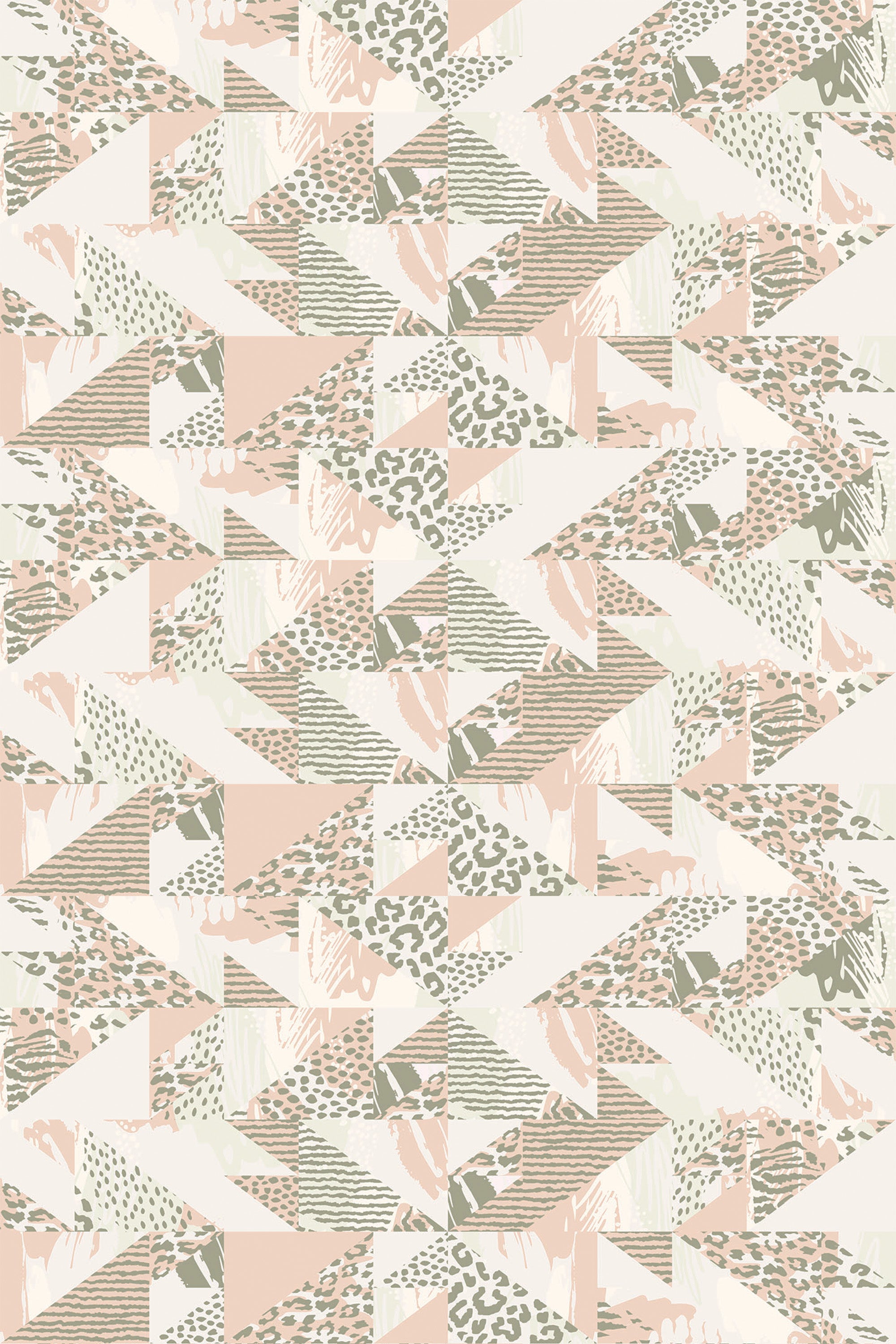 Abstract geometric shapes intertwined with animal prints in a pastel color scheme on a peel and stick removable wallpaper.