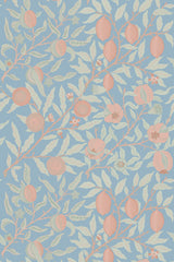 A pattern of stylized lemons and leaves in soft pastel tones on a blue background, forming a whimsical 'Lemon Grove' motif for peel and stick removable wallpaper.