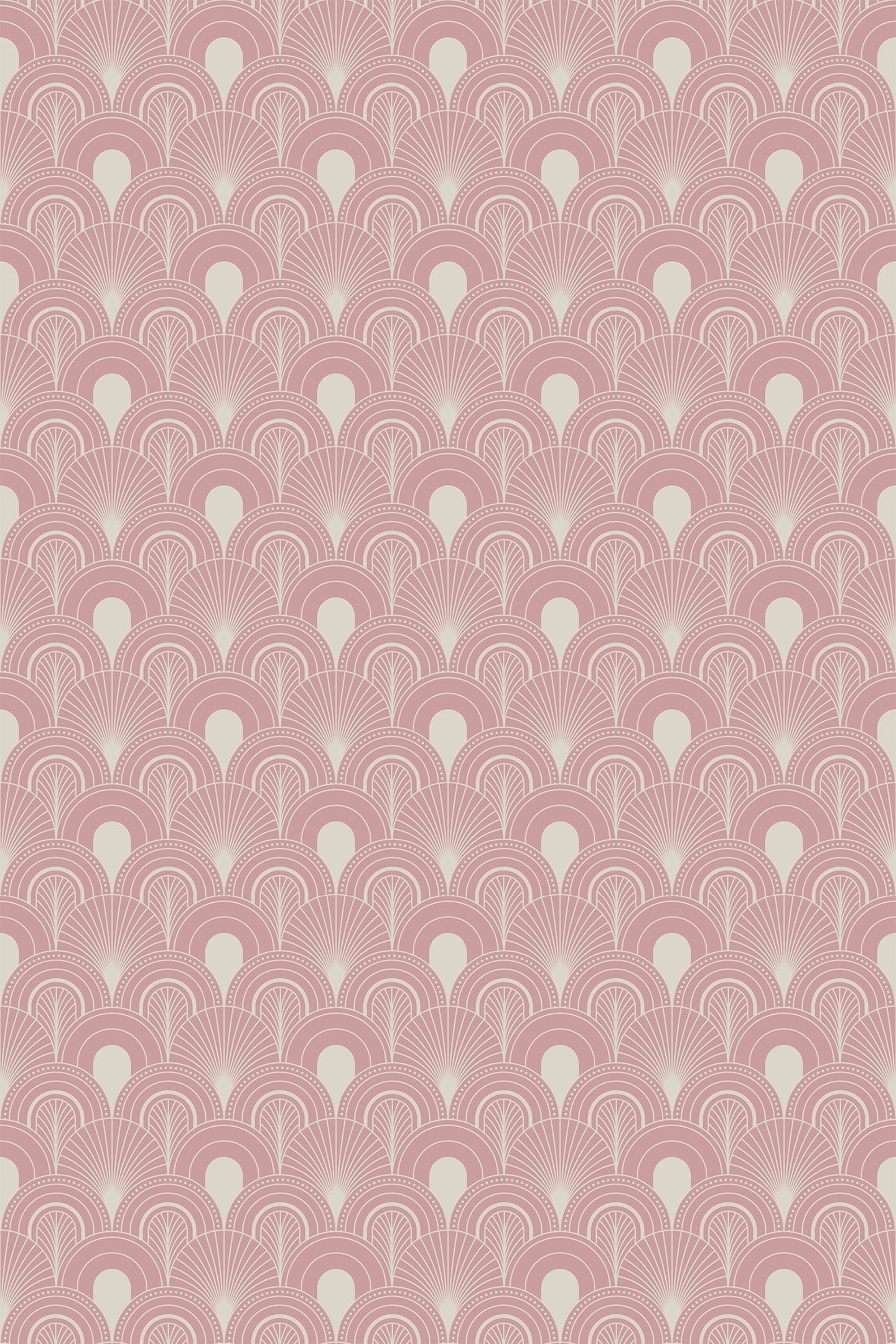 Elegant pink and white Art Deco inspired pattern with repeating fan-like motifs on peel and stick removable wallpaper.