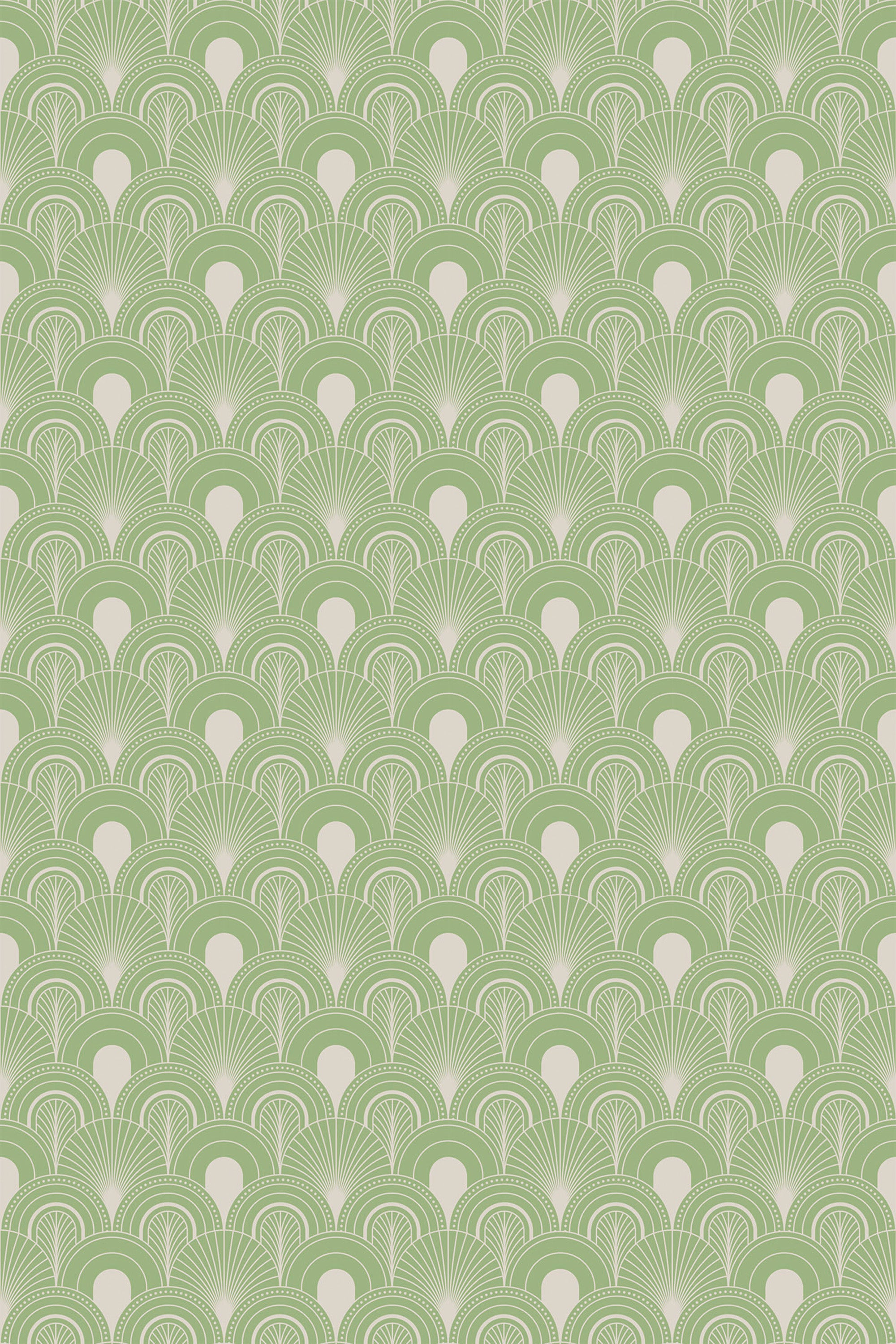 Art Deco style pattern with olive green stylized fan shapes on a light background, peel and stick removable wallpaper.