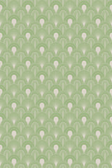 Art Deco style pattern with olive green stylized fan shapes on a light background, peel and stick removable wallpaper.