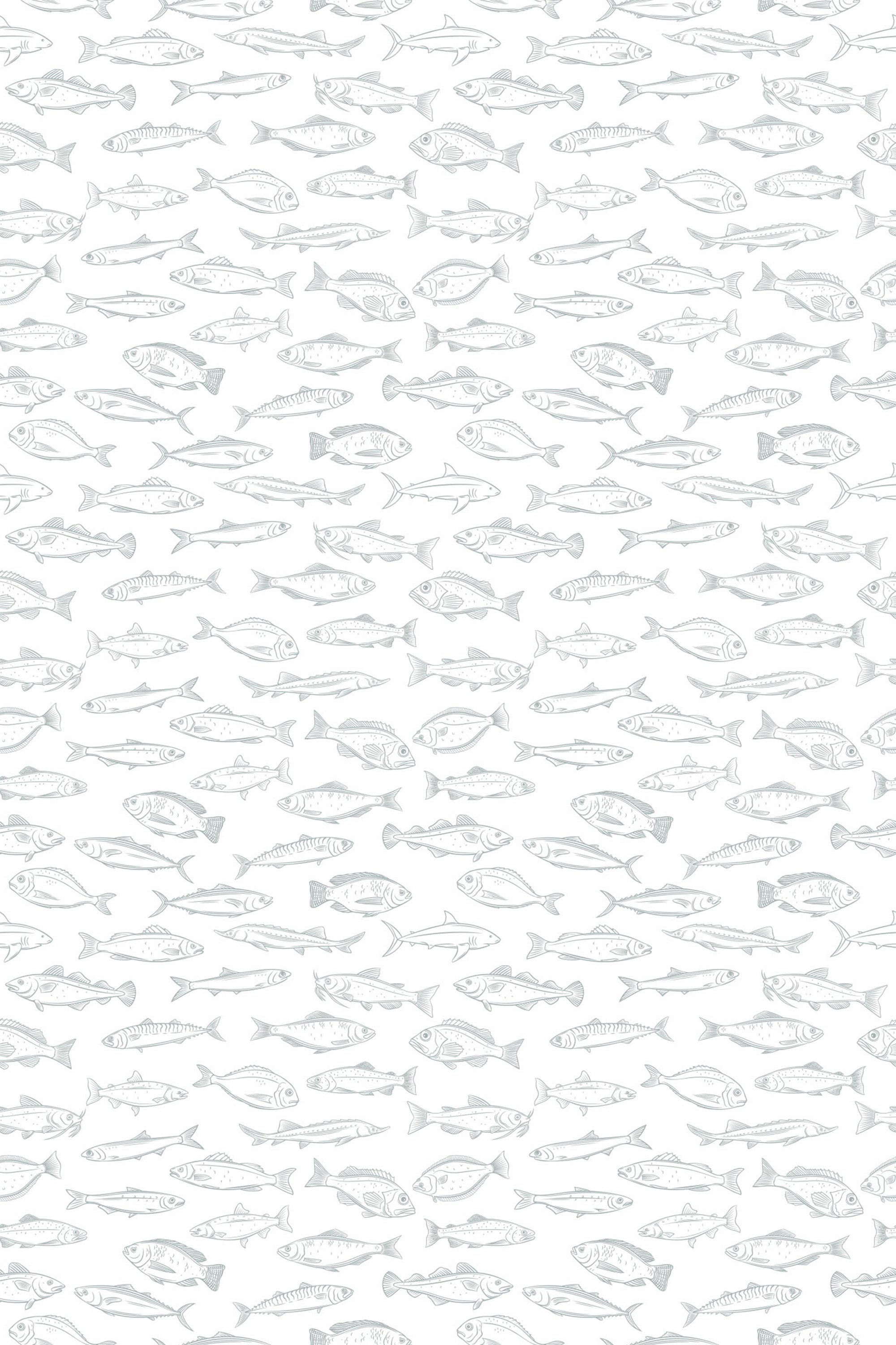 A seamless pattern of stylized fish in various sizes on a neutral background, suitable for a peel and stick removable wallpaper.