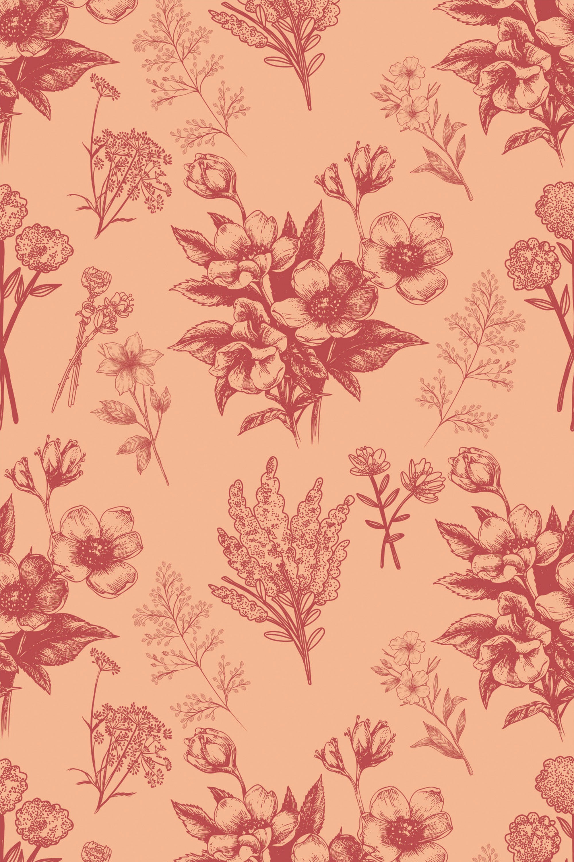 A seamless pattern of sketched flowers and foliage in a soft color palette on a plain background, named Delicate Flower, suitable as peel and stick removable wallpaper.