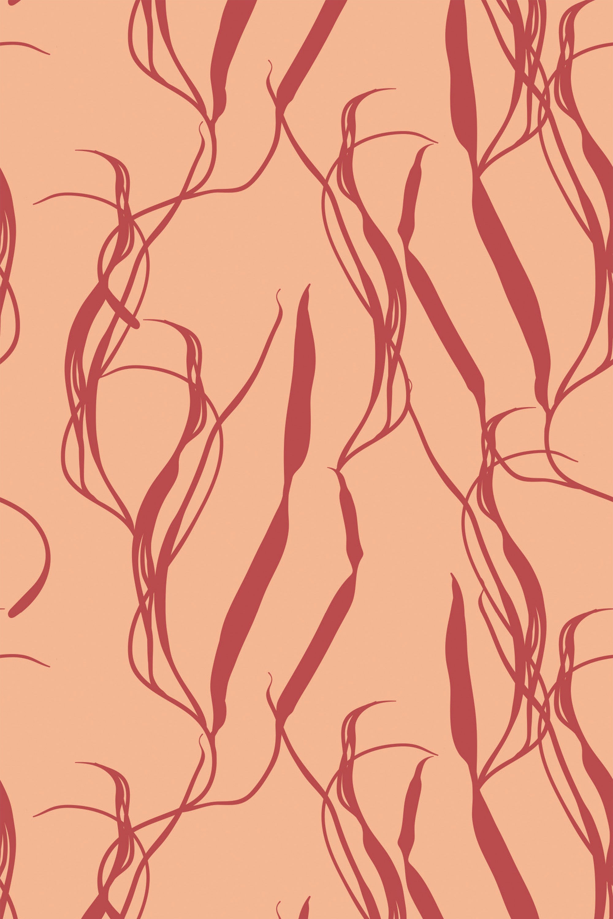 A pattern of elongated, abstract plant-like shapes in dark red on a peach background, forming a modern, botanical aesthetic for a peel and stick removable wallpaper.