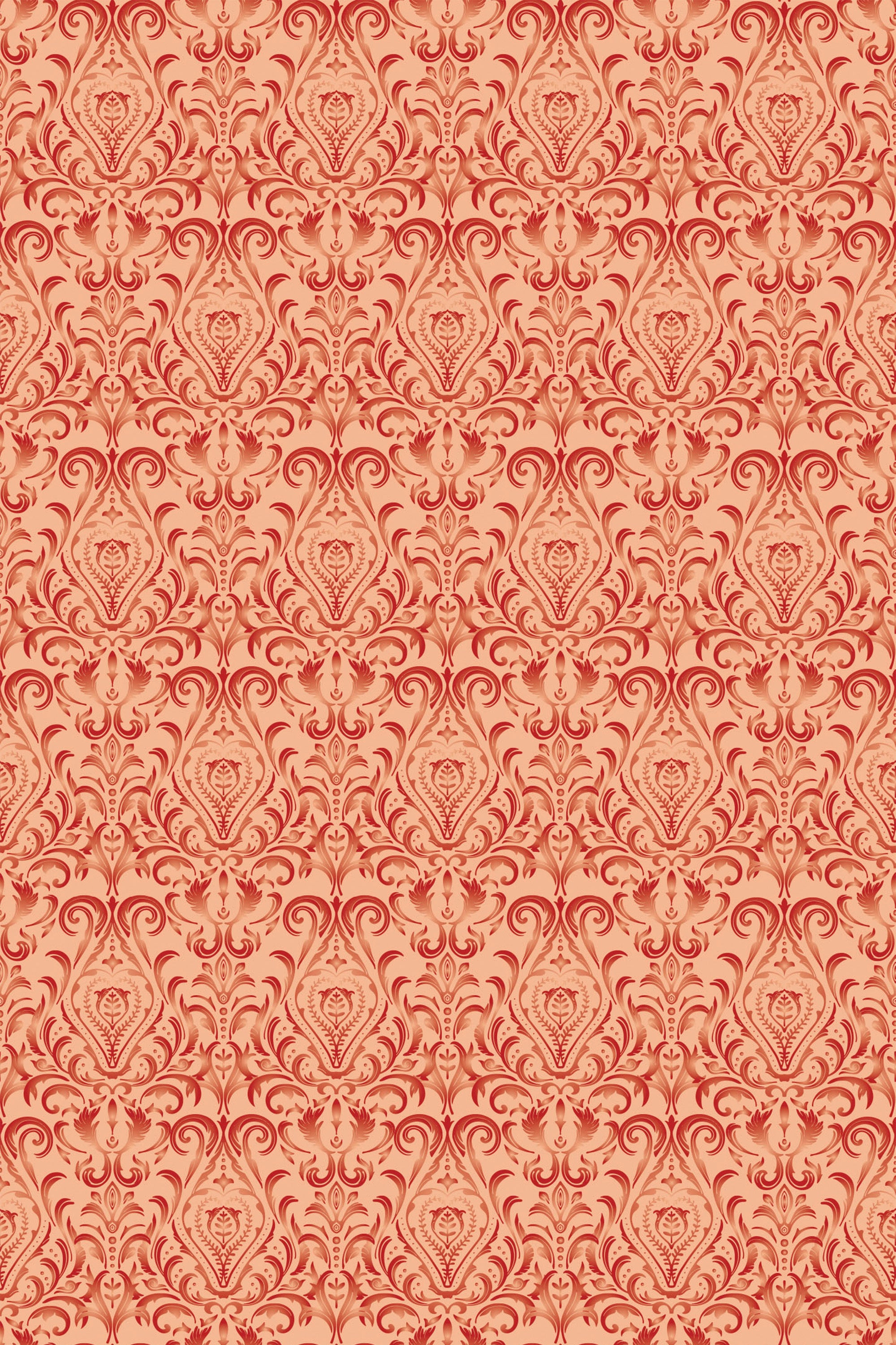 Elegant peach-colored damask pattern on a repetitive background, suitable for stylish decor, peel and stick removable wallpaper.