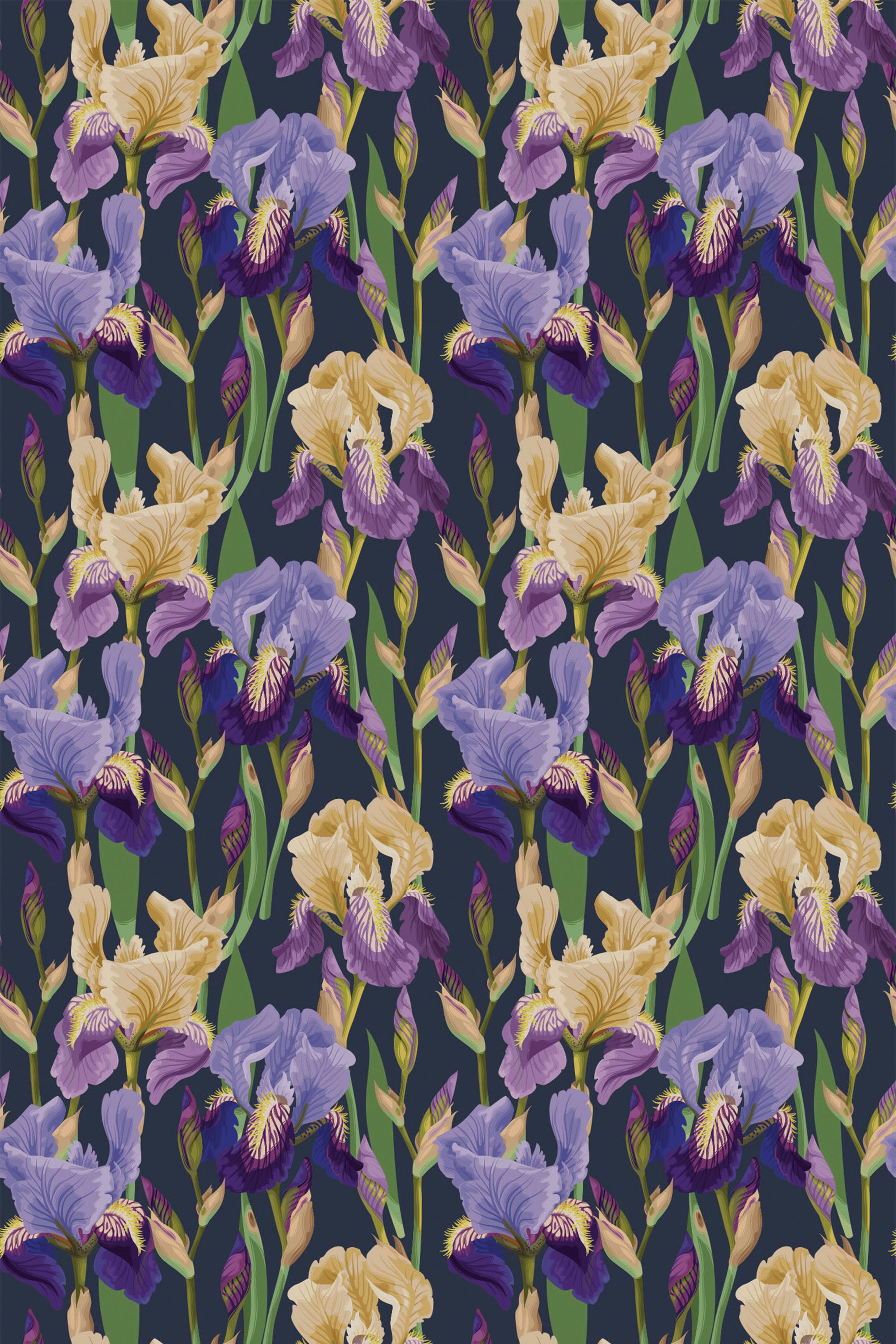 A repeated pattern of large iris flowers in shades of purple and yellow with green foliage on a dark blue background, forming a vibrant botanical print for peel and stick removable wallpaper.