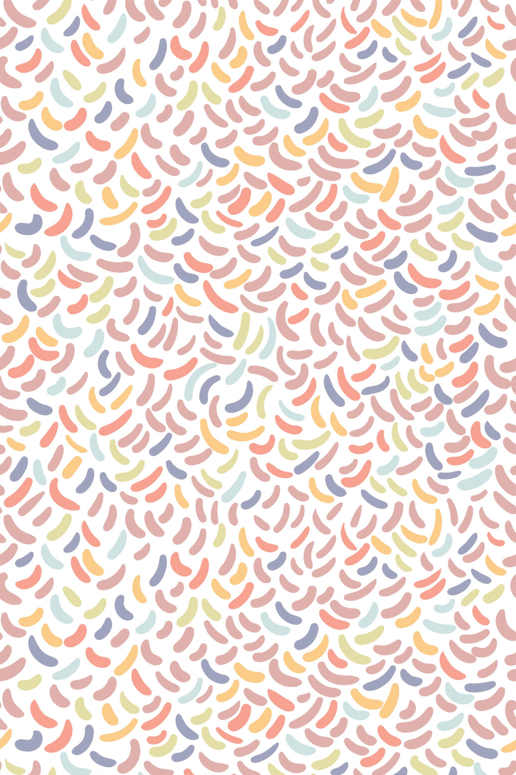 Colorful jellybean-shaped patterns on a white background, arranged in a dense, repeating manner across the surface, known as 'Jellybean' design, peel and stick removable wallpaper.