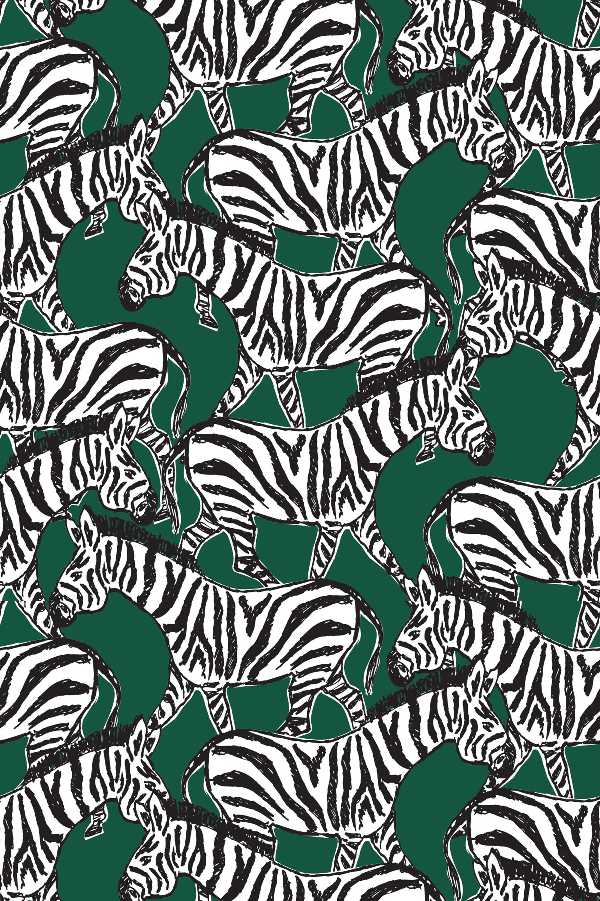 A repeating pattern of white zebras with black stripes on a forest green background, peel and stick removable wallpaper.