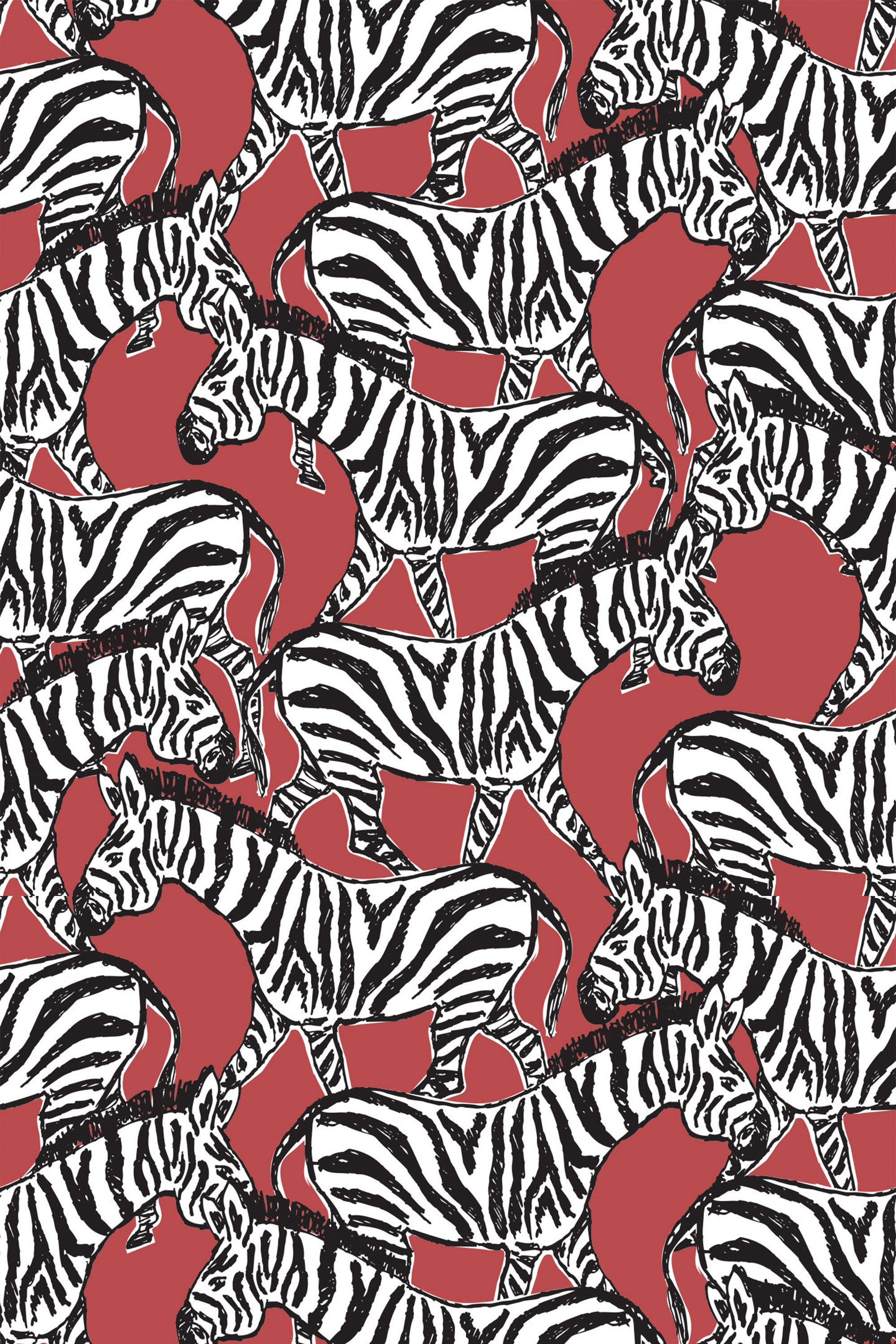 A patterned wallpaper with a 'Red Zebra' theme, showing black and white striped zebras on a vibrant red background, peel and stick removable wallpaper.