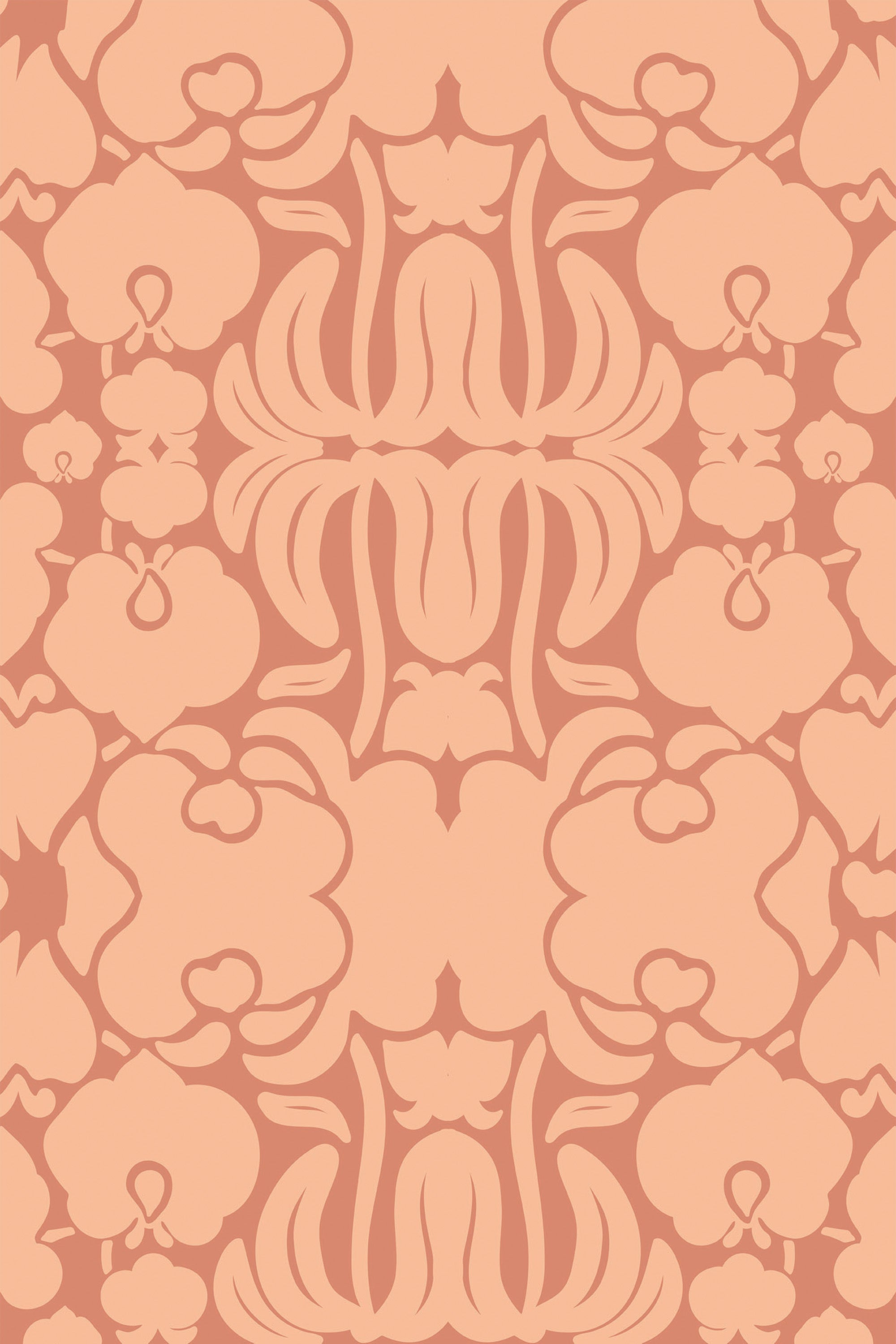 Elegant peach-colored wallpaper with ornate Victorian-inspired floral pattern, including symmetrical flowers and intricate scrollwork detailing, peel and stick removable wallpaper.