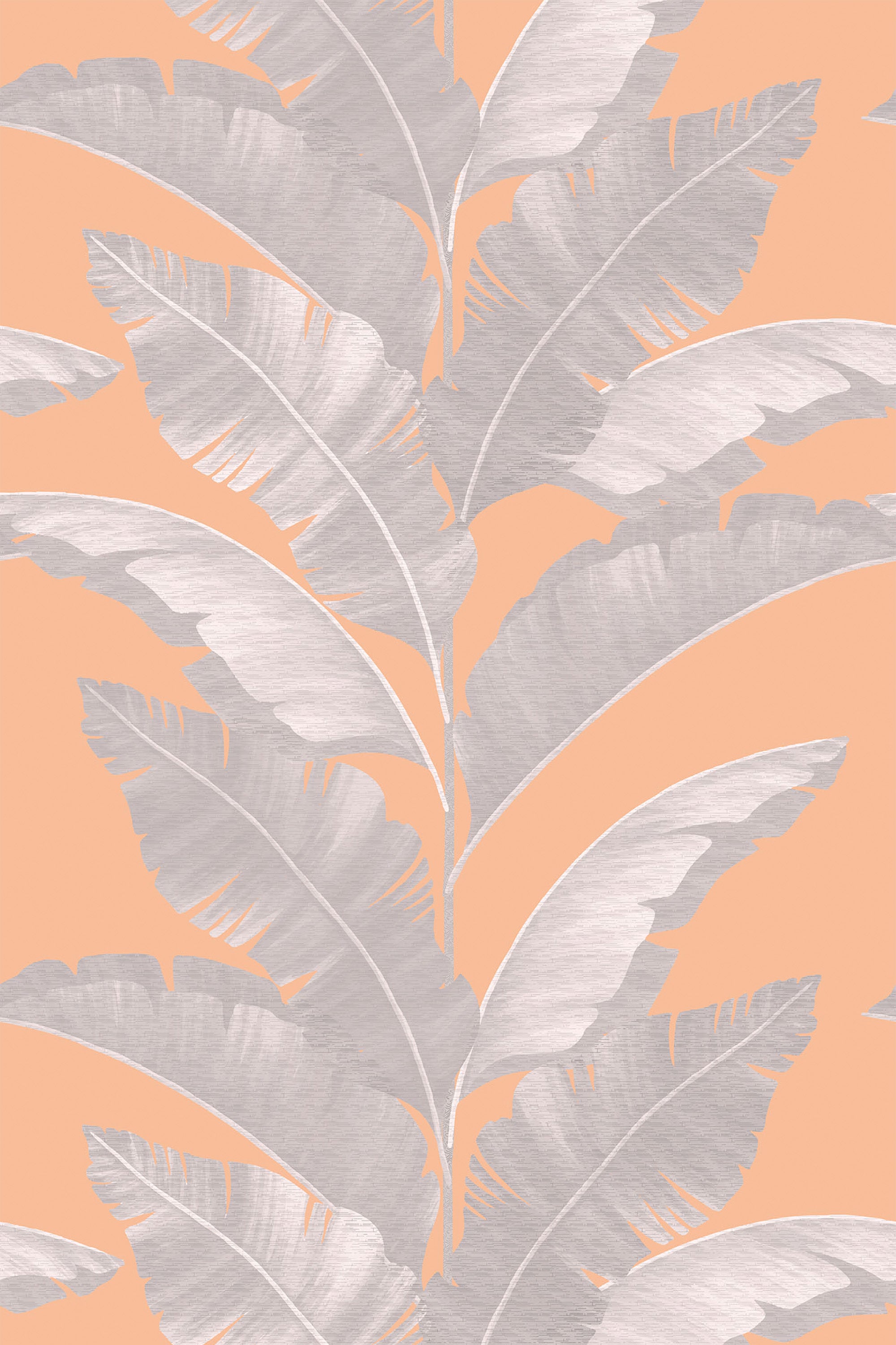 Large grey tropical leaves on a peach background, peel and stick removable wallpaper.