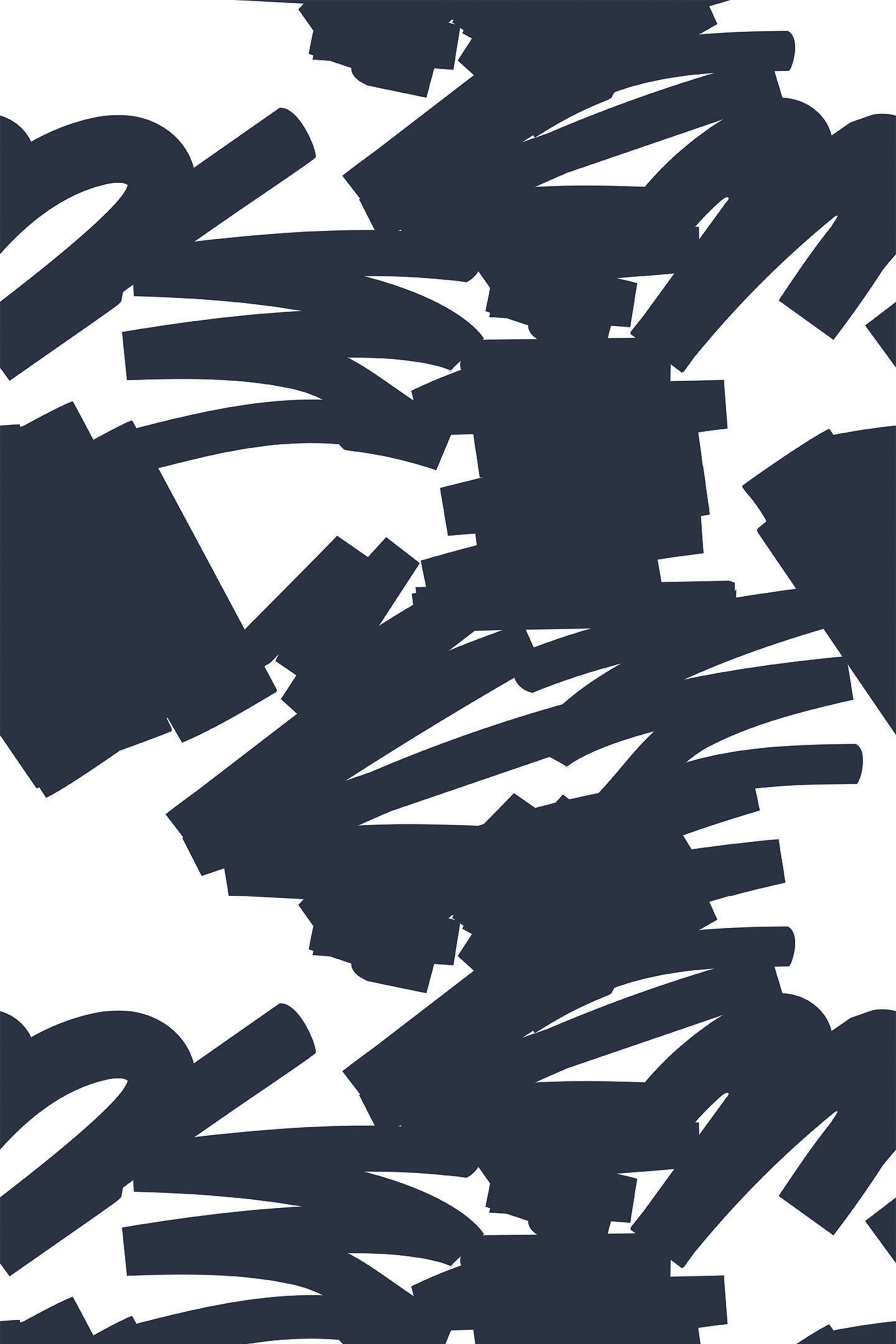 Navy blue abstract brushstroke pattern on a white background, peel and stick removable wallpaper.