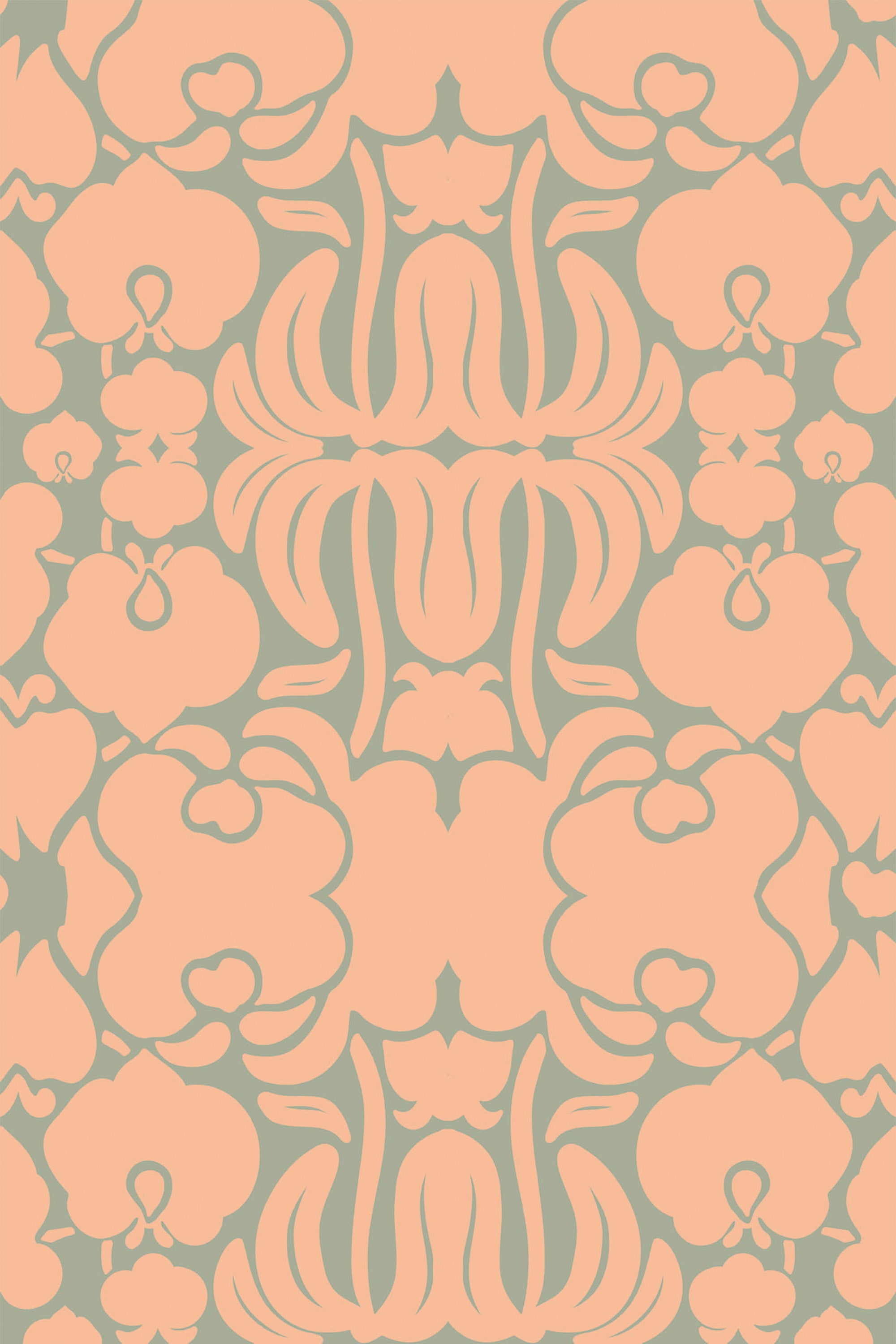 Elegant peach background with symmetrical green Victorian floral patterns, offering a classic touch to any room as a peel and stick removable wallpaper.
