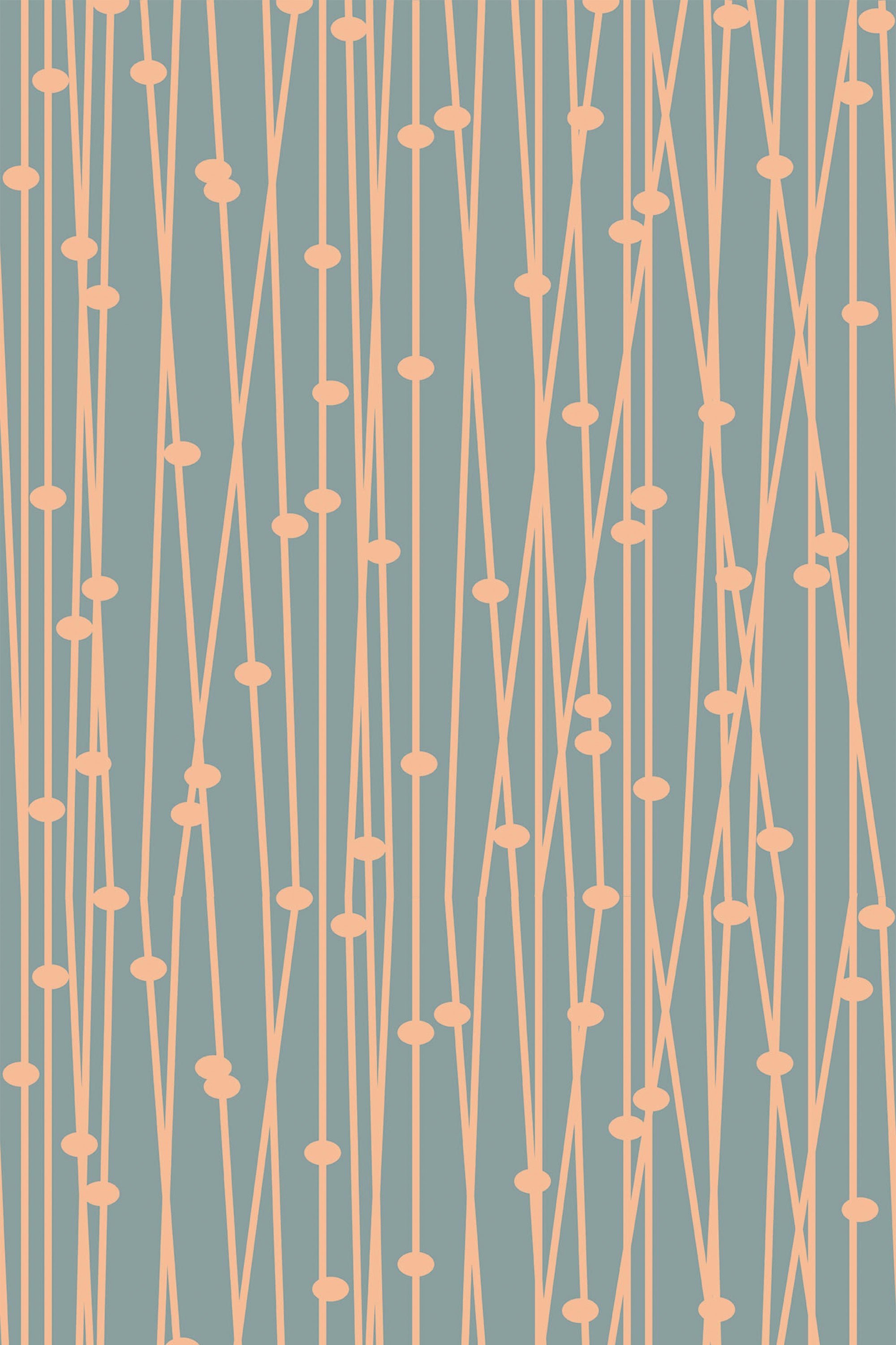 Aesthetic Peach Pattern with peach-colored abstract shapes and vertical lines on a soft teal background, peel and stick removable wallpaper.