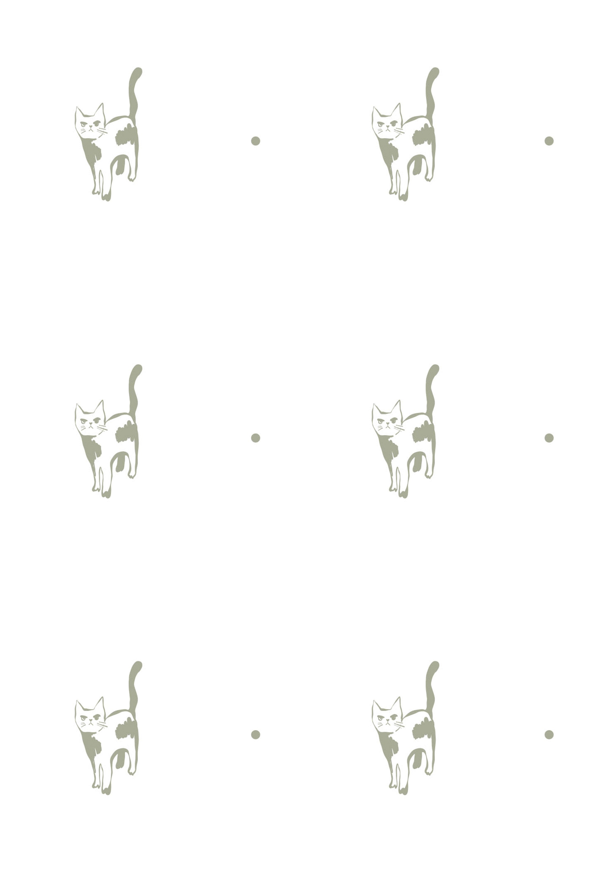 A pattern of stylized serious cats interspersed with dots on a plain background, forming a quaint and playful decor theme for a peel and stick removable wallpaper.