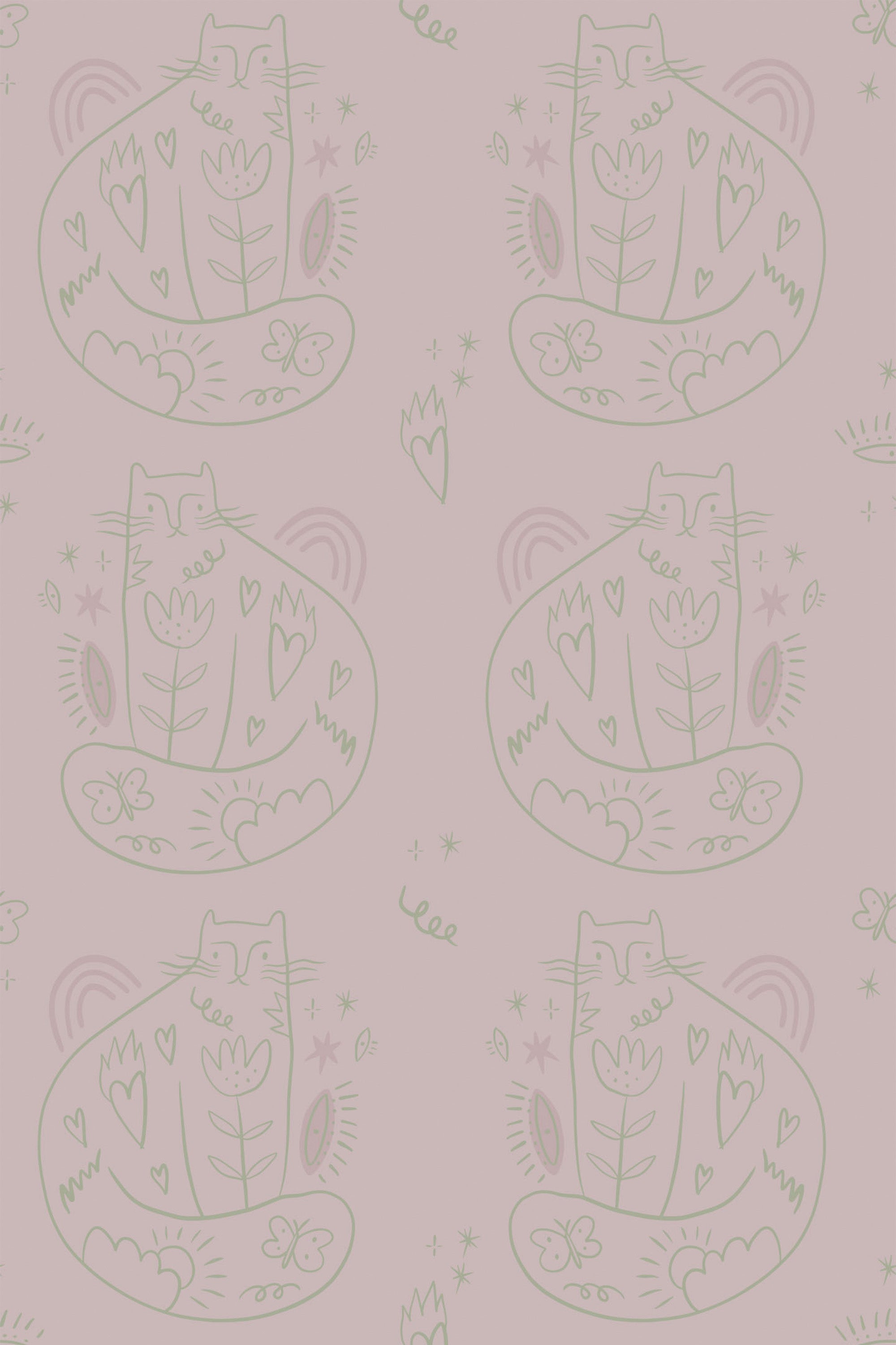 Pink wallpaper with a repeated pattern of stylized cats and floral motifs in a bohemian style, accented with small stars and hearts, peel and stick removable wallpaper.