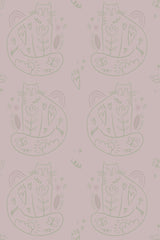 Pink wallpaper with a repeated pattern of stylized cats and floral motifs in a bohemian style, accented with small stars and hearts, peel and stick removable wallpaper.