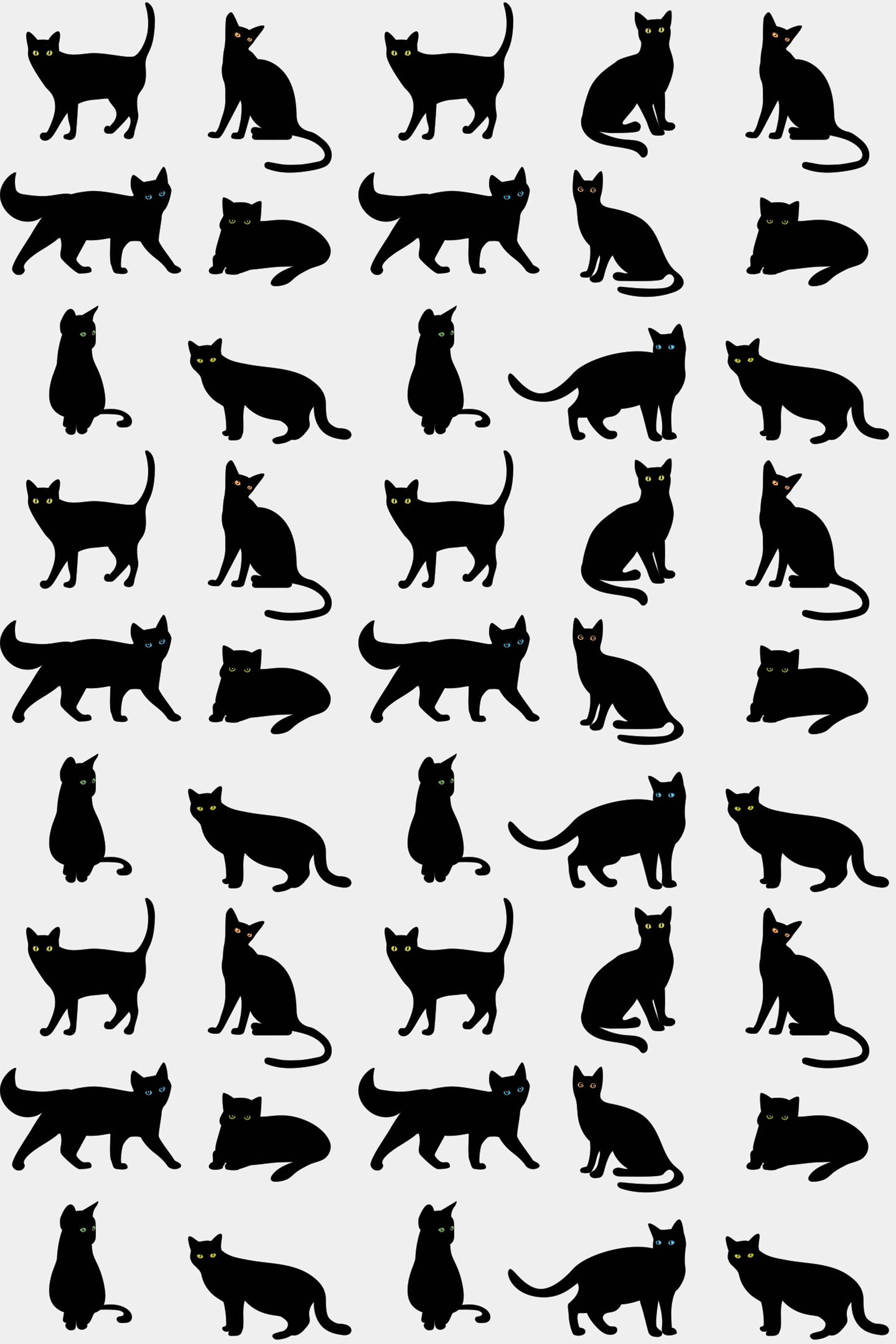 Black silhouette cats in various poses on a white background, aesthetic cat pattern peel and stick removable wallpaper.