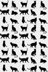 Black silhouette cats in various poses on a white background, aesthetic cat pattern peel and stick removable wallpaper.