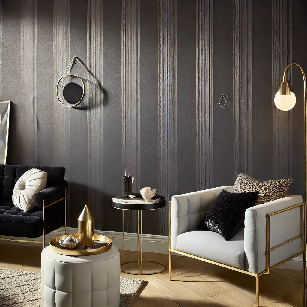 Chic modern interior with black textured peel-and-stick wallpaper, accented by light-colored furniture and gold metallic decor, creating a sophisticated ambiance.