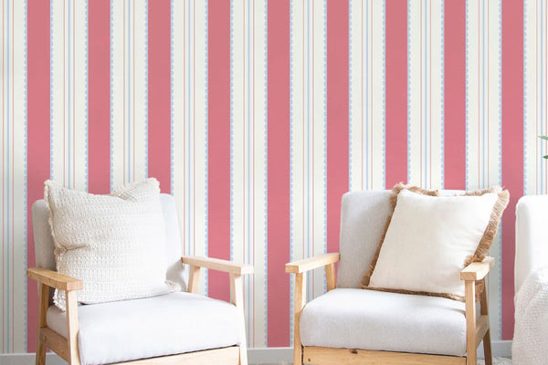 classical cute French stripes wallpaper peel and stick of non-pasted in a minimalistic living room with chairs and pillows