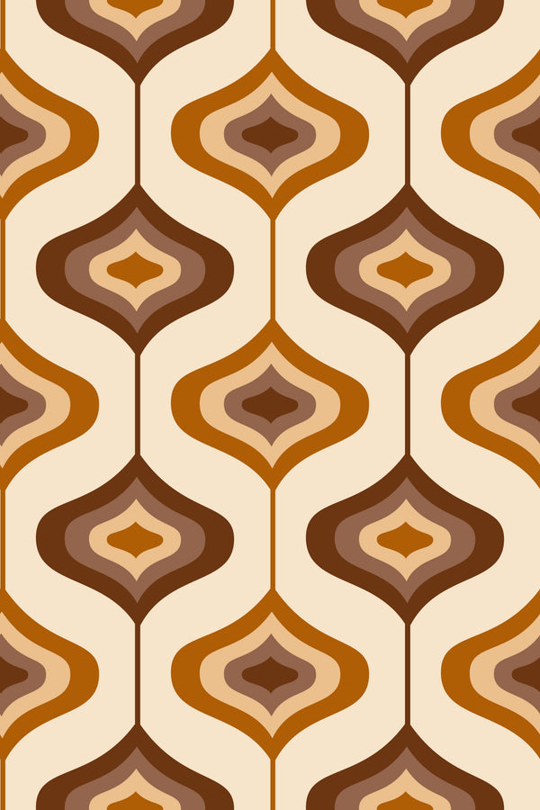 Geometric wallpaper pattern in warm brown tones with repeating teardrop shapes.