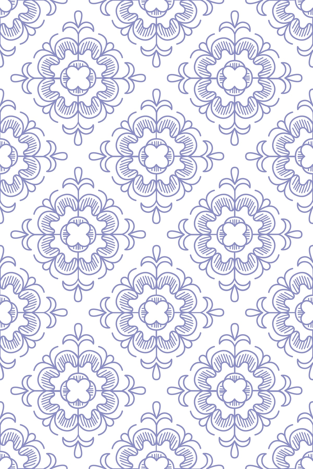 Blue ornamental floral wallpaper pattern on a white background